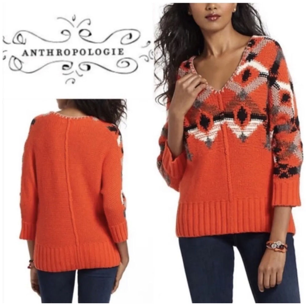 Anthropologie Orange Patterned Sweater